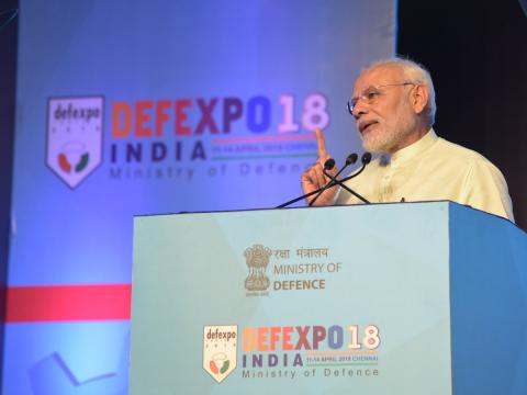 Prime Minister Shri Narendra Modi addresses the audience during the inauguration of DefExpo 2018 in Chennai.