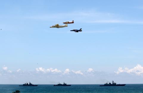 HAL-built Dornier Do-228, HTT-40, and Hawk-i over Chennai’s coast during the live demonstration at DefExpo 2018