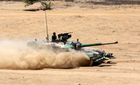 Arjun Tank in action during a live demonstration at DefExpo 2018 in Chennai