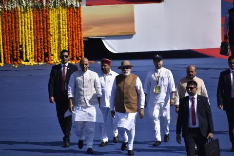 PM Shri Narendra Modi, along with RM Shri Rajnath Singh, Governor of Karnataka Shri Thawar Chand Gehlot, Civil Aviation Minister Shri Jyotiraditya M. Scindia, and former CM of Karnataka Shri Basavaraj Bommai, during the inauguration of Aero India 2023.