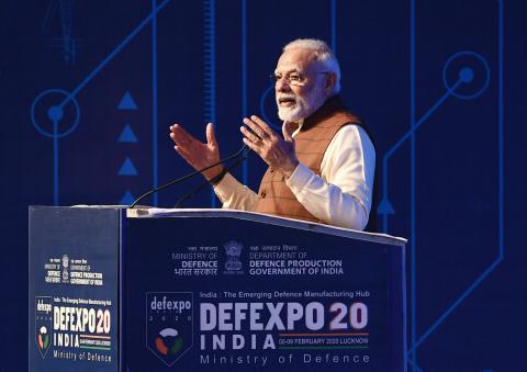 Prime Minister Modi addresses the audience during the 11th edition of DefExpo 2020.