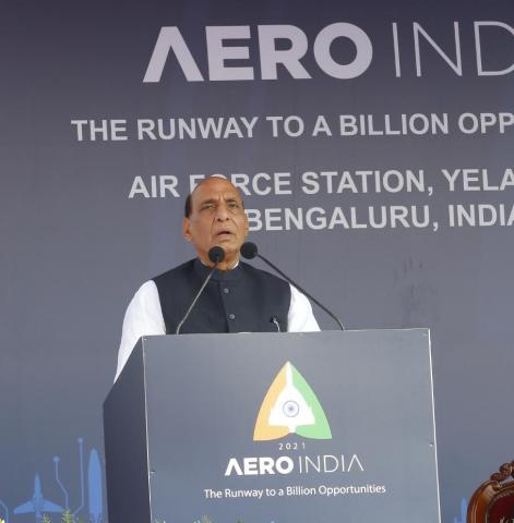 Raksha Mantri Shri Rajnath Singh during the inaugural day of Aero India 2021 in Bengaluru.