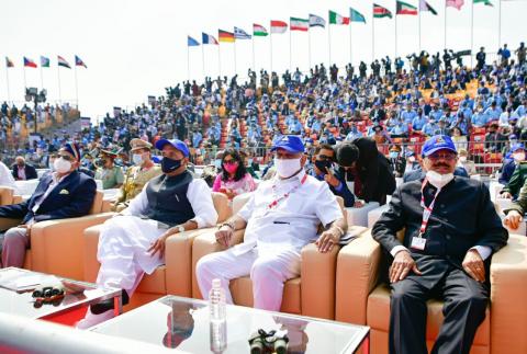 Raksha Mantri Shri Rajnath Singh along with spectators during the inauguration day of Aero India 2021 at Yelahanka Air Base in Bengaluru.